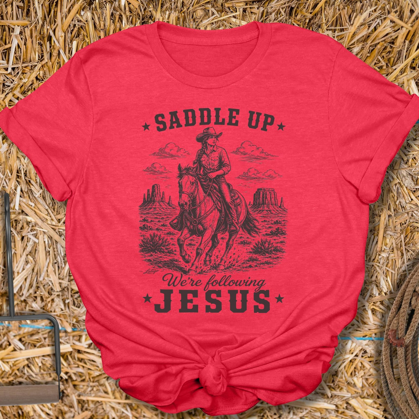 Printify T-Shirt Heather Red / S Saddle Up Ladies Tee