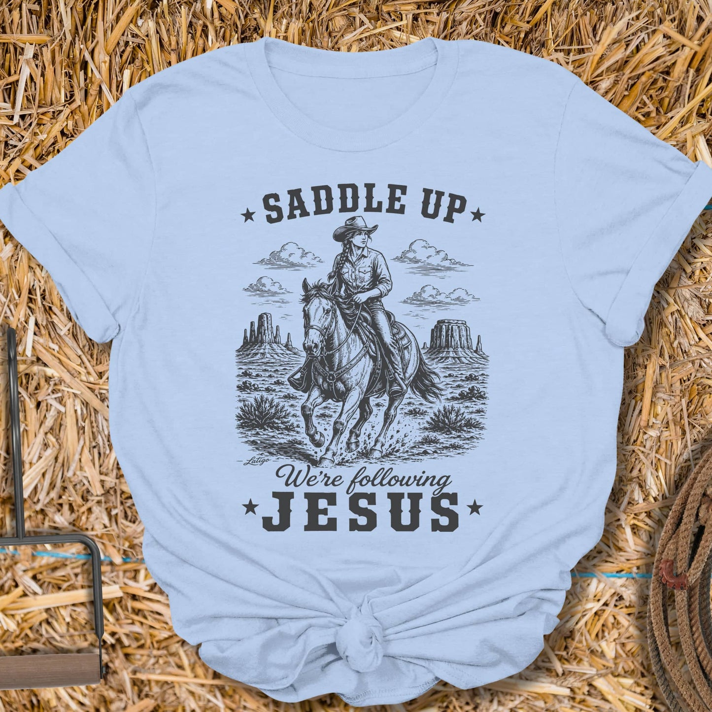 Printify T-Shirt Light Blue / S Saddle Up Ladies Tee