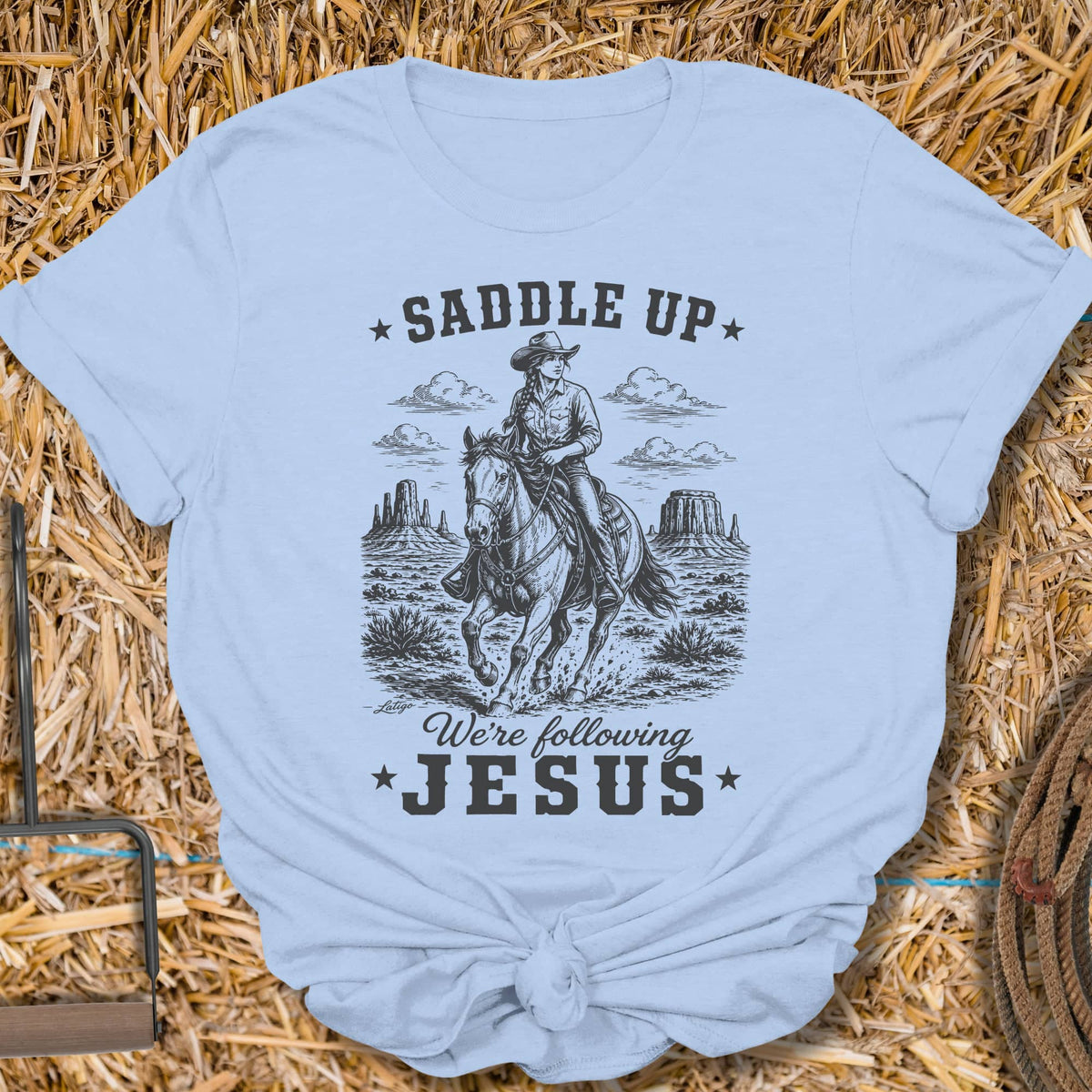 Printify T-Shirt Light Blue / S Saddle Up Ladies Tee
