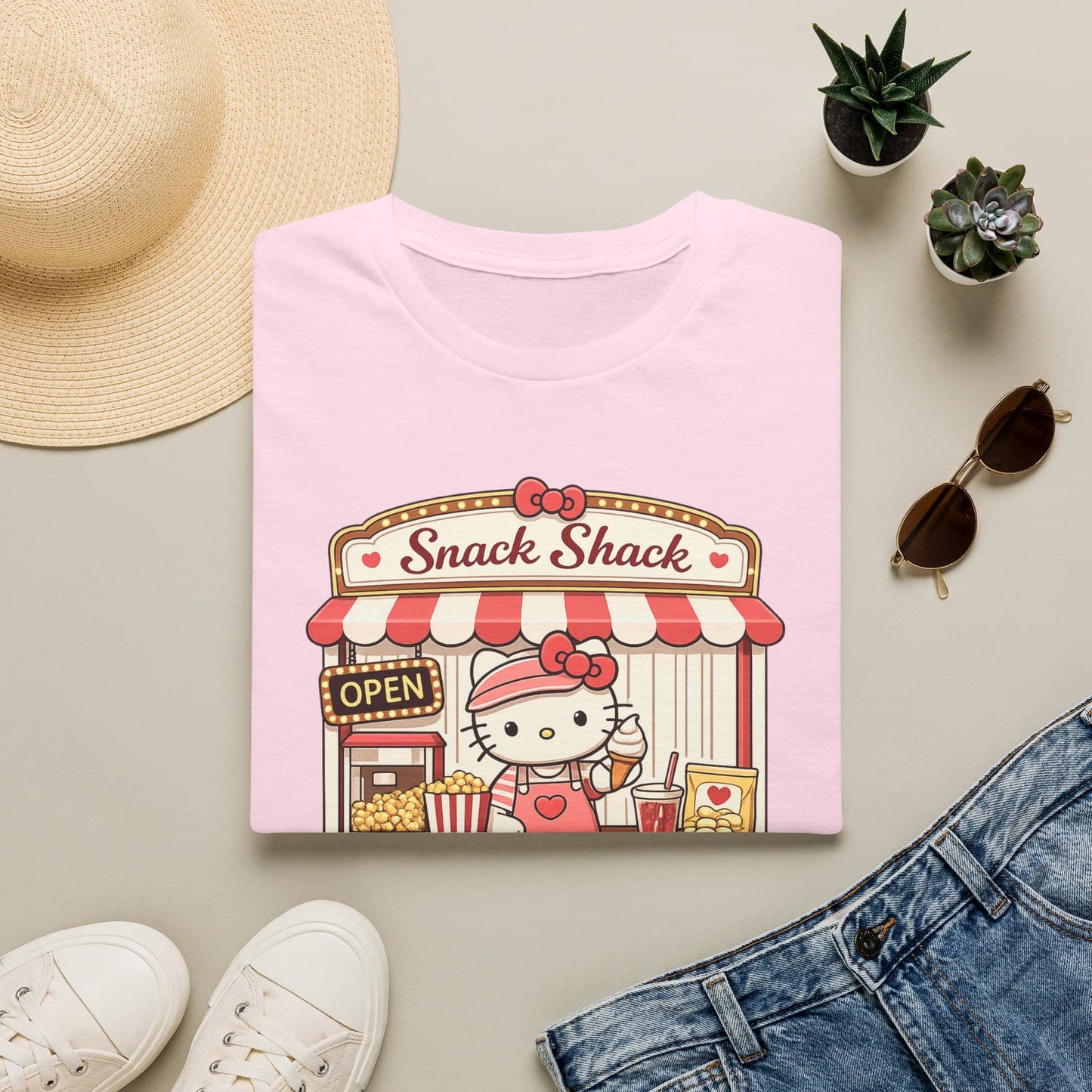 Printify T-Shirt Light Pink / M Snack Shack T‑Shirt — Cute Hello Kitty Snack Stand Graphic Tee